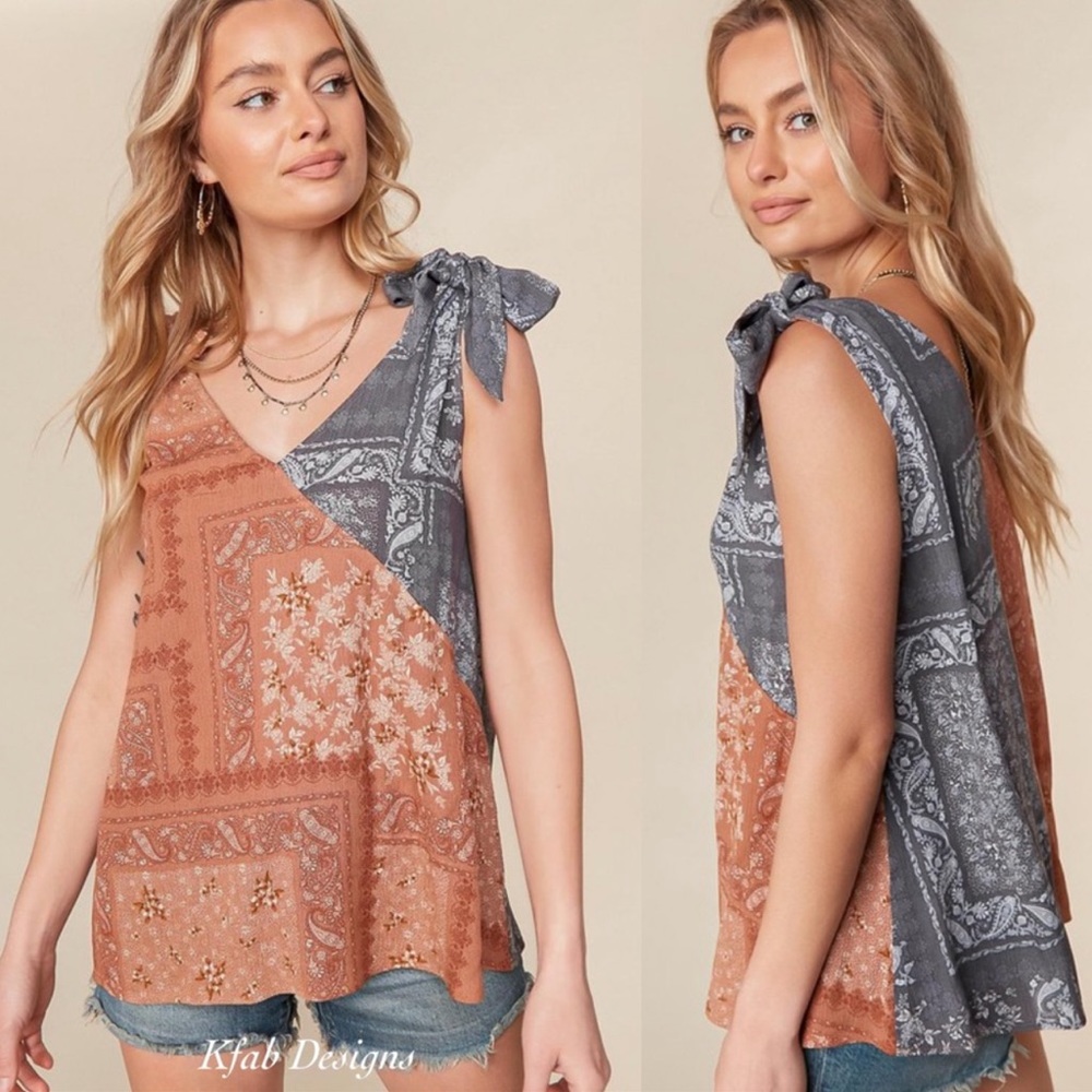 B72🔥Stunning boho challis color block top w/print.+tie shoulder🔥Pure stunner!